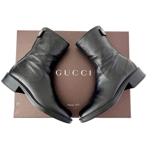GUCCI || GG Monogram Guccissima Maud Black Leather Short Moto Ankle Boots US 8.5 - Picture 1 of 16